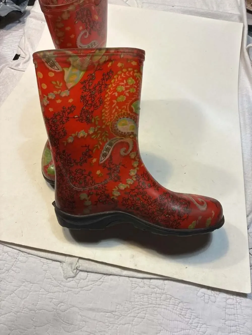 Sloggers Red Paisley Pattern Women's Waterproof Rain And Gardening Boots Size 10